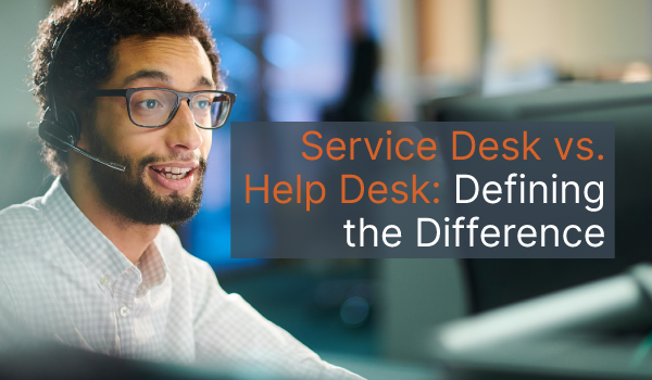 A service desk technician wearing a headset while sitting at a desk. Over the image is text that says, "Service Desk vs. Help Desk: Defining the Difference."