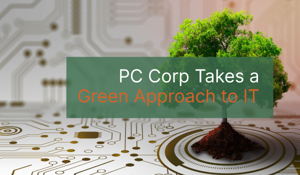 An image of a tree against a white background with the words "PC Corp Takes a Green Approach to IT" overlayed on top.