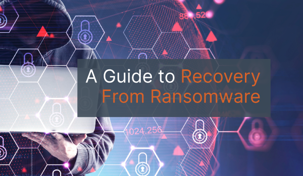 A digital image of a person wearing a hoodie with the hood up with locks and hive blocks over top of them with the words, "A Guide to Recovery From Ransomware" overlayed on top.