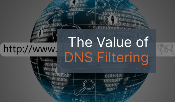 A search engine browser bar over a digital image of the Earth with the words, "The Value of DNS Filtering" overlayed on top.