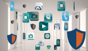 A hallway with a variety of cybersecurity icons flying in the air.