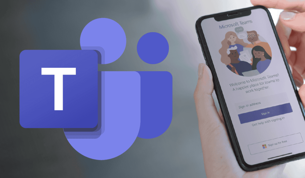 Background shows a person holding a phone with the Microsoft Teams login page loaded on the right, with the purple Teams logo in the foreground on the left