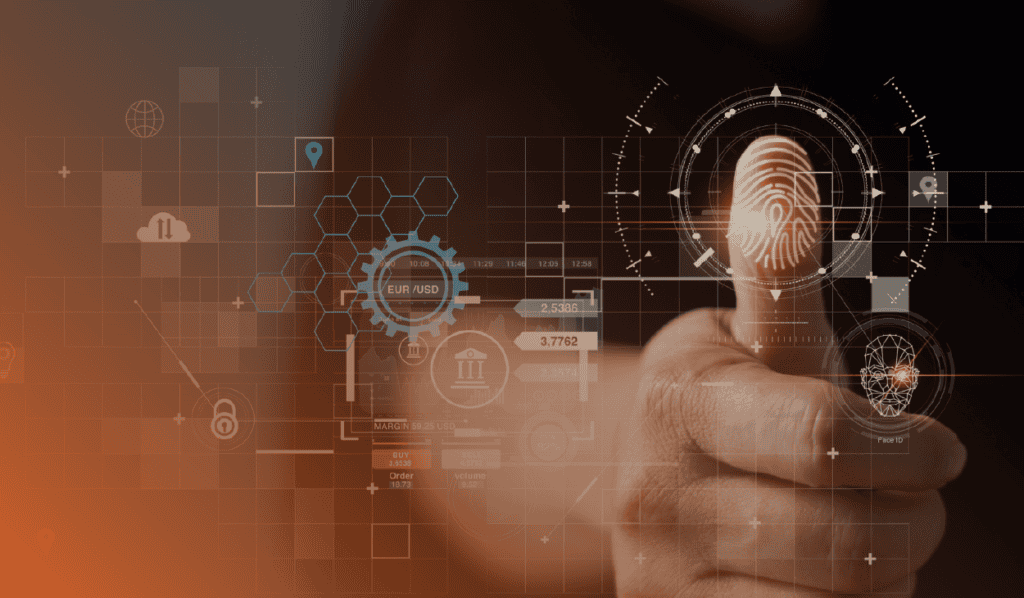 A person's thumbprint being scanned by digital biometric technology with overlaid graphics of data analytics, symbolizing advanced data privacy and security measures.