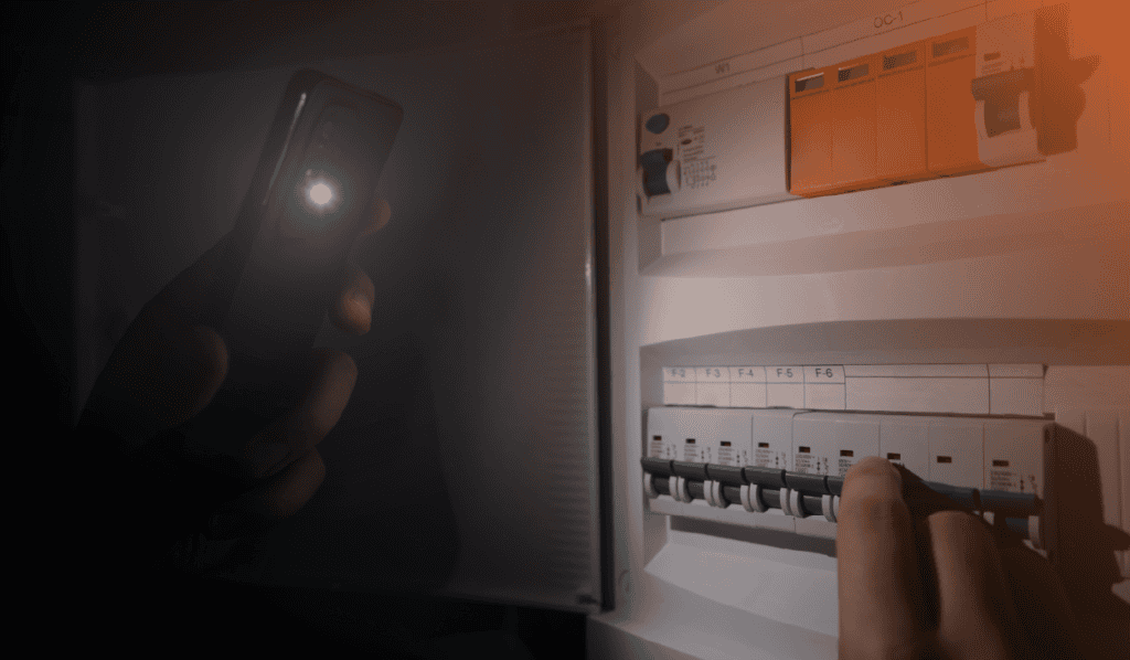 A close-up image of a person's hand using a smartphone flashlight to illuminate an electrical circuit breaker panel in a dark room. The focus is on the hand and the bright light, with circuit breakers clearly labeled.