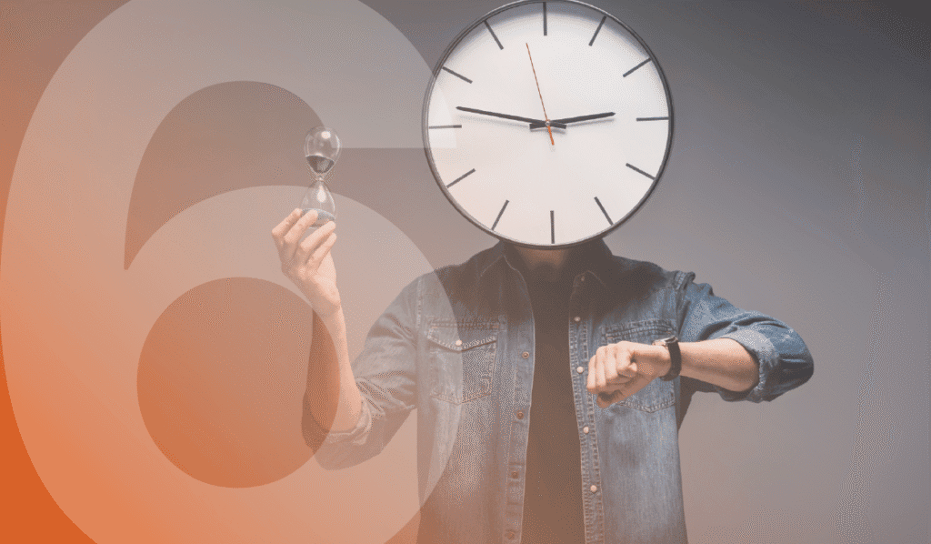 An image representing the blog title "Work Smarter with Microsoft: Steal These Six Productivity Tricks That IT Support Pros Rely On". There is a picture of a man in a blue shirt wearing a black tie, holding up his wrist with a watch. In his other hand, he is holding an hourglass. A clock covers his face. On the left of the image, a giant number 6 is super-imposed on transparently on top.