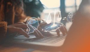 A designed image to represent the title of the blog "AI Best Practices from IT Consulting Professionals: Keeping Humans in the Loop". There is a photo of someone typing on a laptop, only their hands are visible, although you can see they are wearing an orange sweater and have long brown hair. Behind them, you see they are sitting in front of a bright window. Overlaid on top of the photo are a few icons representing the need to balance AI and humans: 1) an icon in the shape of a human with a brain 2) a scale and then 3) an icon in the shape of a human but their brain is replaced with a machine labelled AI.