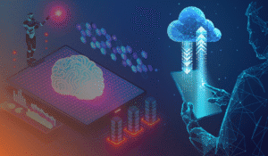 An image representing IT procurement and the HPE Private Cloud AI solution. A starry background with a constellation of stars forming a what looks like a person logging onto their tablet. There is also a picture representing a machine, robot and brain that shows the solution hard at work. The colour palette is blue and orange.