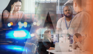 An image representing the subject of the article, which is artificial intelligence bis. There is large AI icon, and a collage of people looking concerned and stressed in an office setting.
