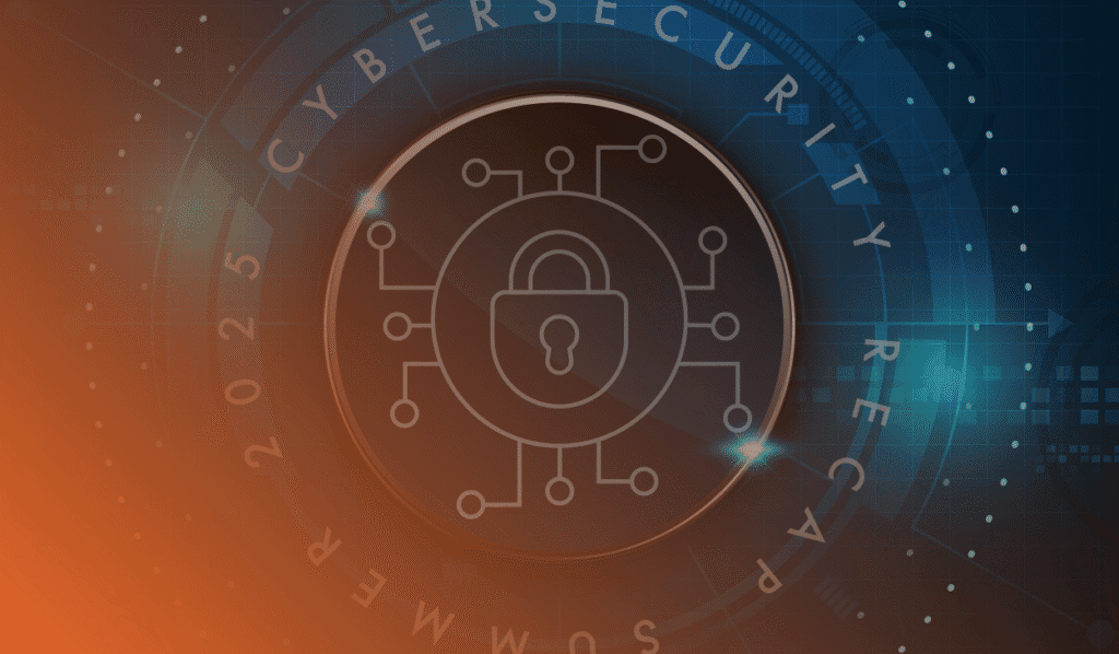 An image representing the blog topic: cybersecurity trends and news for small and medium sizes businesses (SMBs). There is a picture of a lock to represent data protection and digital safety, and the colours are dark blue and orange.
