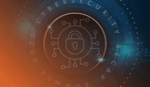 An image representing the blog topic: cybersecurity trends and news for small and medium sizes businesses (SMBs). There is a picture of a lock to represent data protection and digital safety, and the colours are dark blue and orange.