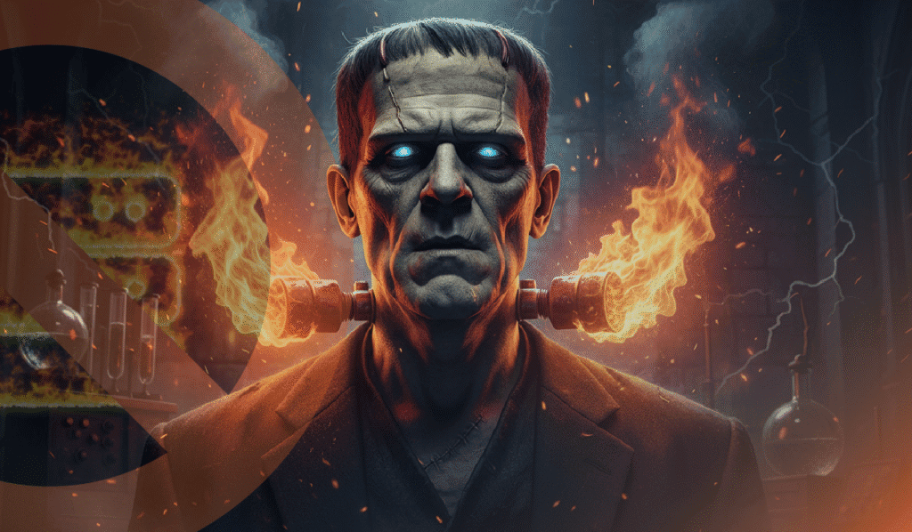 A photo that represents the theme and title of the article "Don’t Let Your Data Go Up in Flames: Backup Lessons from a Government Meltdown" it is a Halloween-themed article for a managed IT services provider about the importance of having proactive support. The picture shows a scary-looking Frankenstein surrounded by flames and a burning data center.