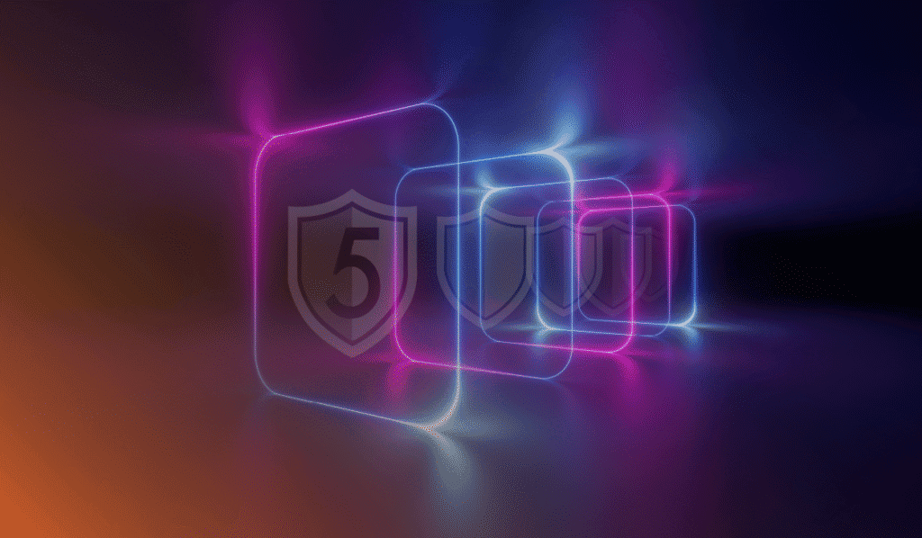 An image that represents the blog topic "Five Essential Measures to Build a Stronger Layered Defense This Cybersecurity Awareness Month." On a black background, you see multiple blue-and-purple neon frames intersecting, with a shield symbol with the number 5.