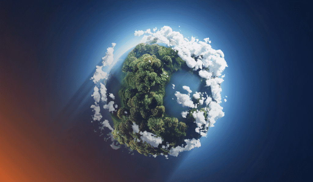 A photo representing the topic of the blog post "How Lenovo 360 Circle is Shaping Sustainable IT Procurement Practices." There is a navy blue background with a stylized illustration of the Earth, wrapped in trees and clouds.