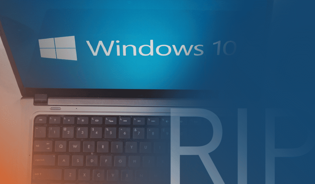 An image representing the topic of the blog "Windows 10 End of Life Is Coming. Here’s How Managed IT Services Can Help." There is a photo of a laptop with the Windows 10 logo, and the text "RIP."