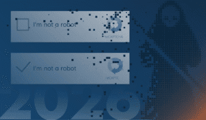 An image that represents the theme of the article " the risks of IT without managed IT services" and the title of the article title "The Death of the CAPTCHA: What It Means for Business Security For 2026 and Beyond." The background is dark blue. There are two reCAPTCHA text boxes that say "I am not a robot" where one is empty and one has a green tick. There is a large faded 2026 in the background and a pixelated image of a grim reaper meant to represent a cyber attack.