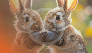 A photo representing the theme of the blog, titled "Spot the Fake: How to Identify AI-Generated Videos Before They Cost You." The photo is a picture of two adorable brown bunnies cuddling, with a play button overlaid on top, indicating it represents a video. An AI deepfake of bunnies is referenced in the introduction.