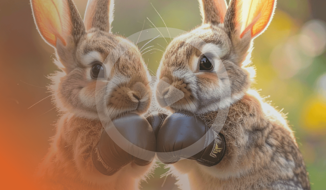 A photo representing the theme of the blog, titled "Spot the Fake: How to Identify AI-Generated Videos Before They Cost You." The photo is a picture of two adorable brown bunnies cuddling, with a play button overlaid on top, indicating it represents a video. An AI deepfake of bunnies is referenced in the introduction.