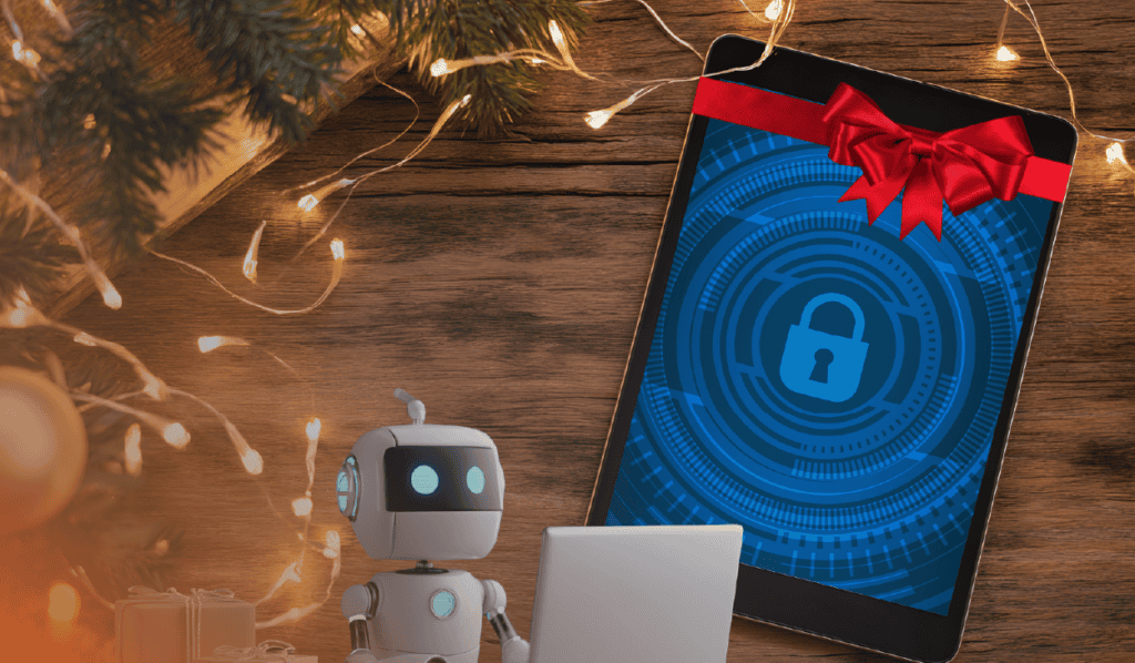 An image that represents to the title "‘Tis the Season to Secure Your New Devices. Here’s How." Laid out on a wooden table is Christmas lights, a fir tree, a laptop with a lock image on display tied with a red bow.