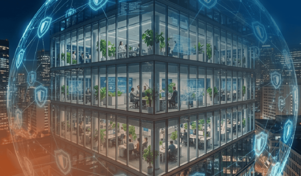 An image that represents the title and theme of the blog: Why Cyber Resilience is a Business Imperative (And How to Achieve It). The image shows a large office building at night, surrounded by other office buildings with twinkling lights. The office building is bright lit, with mostly large glass windows showing people inside working. There are lots of plants. Surrounding the building is a lrge blue transparent spherical illustration with shield icons to demonstrate cybersecurity.