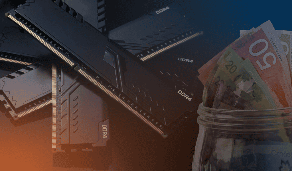 An image designed to represent the blog's theme/title: How to Navigate Rising Memory and Storage Prices Through 2026. It is a dark photo with various Canadian 20 and 50 dollar bills in a jar in one corner, with a pile of DDR4 memory sticks.