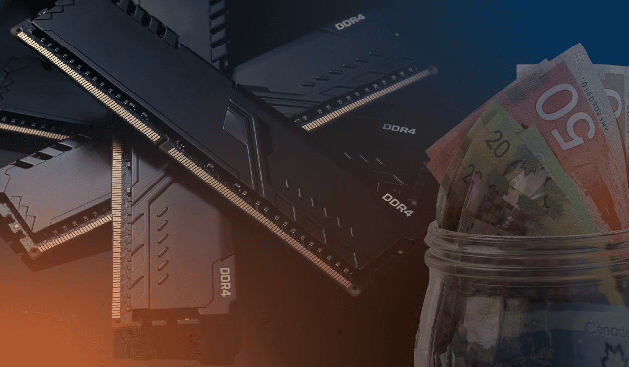 An image designed to represent the blog's theme/title: How to Navigate Rising Memory and Storage Prices Through 2026. It is a dark photo with various Canadian 20 and 50 dollar bills in a jar in one corner, with a pile of DDR4 memory sticks.
