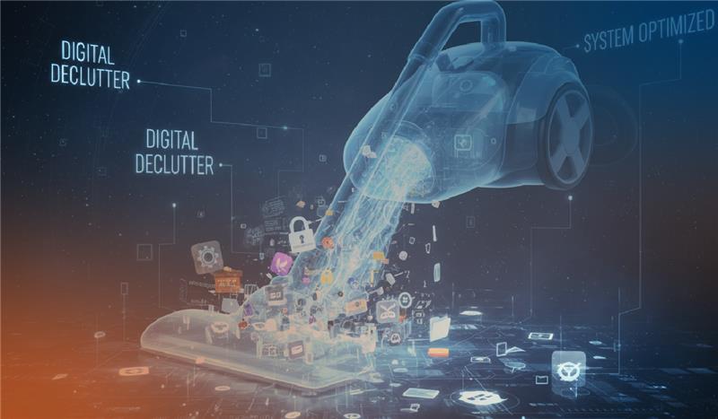 An image representing the title of the blog: "How A Digital Cleanup Improves Your Organization’s Performance, Security, and Costs" There is a dark blue background with a glowing blue illustrated vaccuum sucking up a pile of icons representing digital clutter: locks, envelopes, gears, etc.