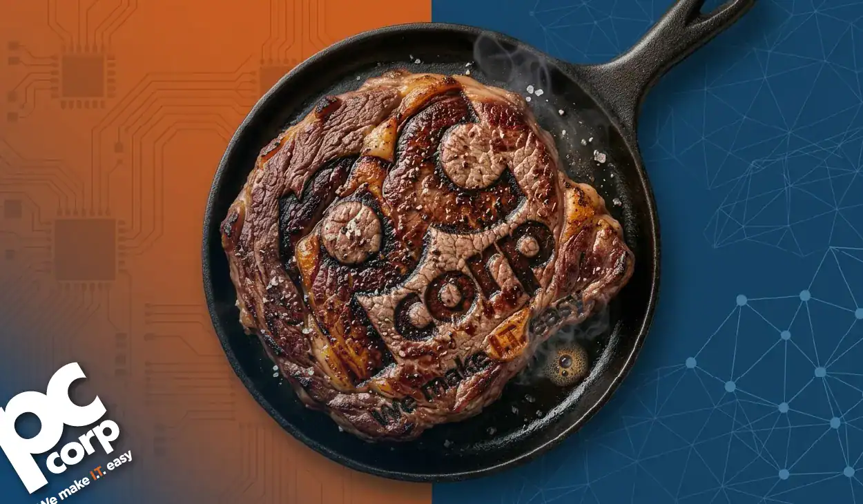An image to represent the theme and title of the blog: The IT Industry Is Great at Selling Sizzle. Here's How to Ask for the Steak. There is a photo of a steak in a pan, with the PC Corp logo stamped on the steak to show PC Corp's role in the process of getting value from IT.
