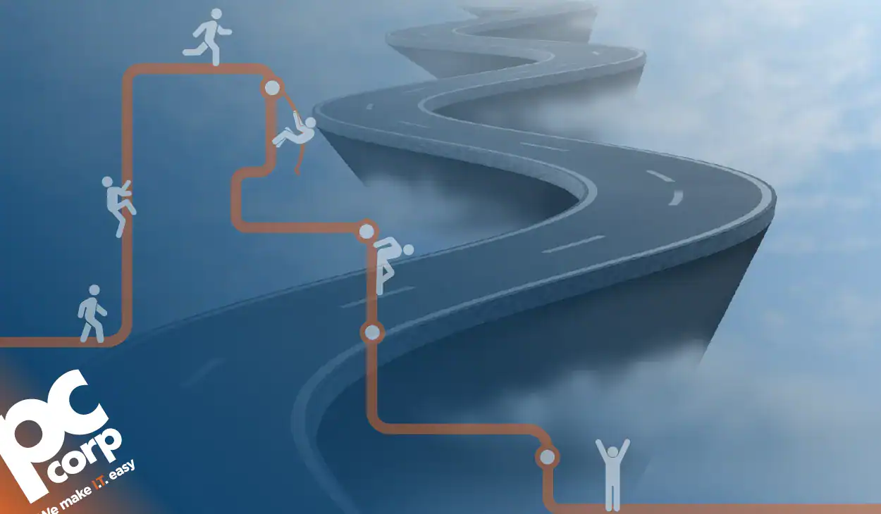 This image represents the title "From Go-Live to Long-Term Partnership: What Managed Services Looks Like During and After Onboarding". There is a picture of a long winding road, and s diagram of little people icons following a structured path. The PC Corp logo is in the bottom corner.