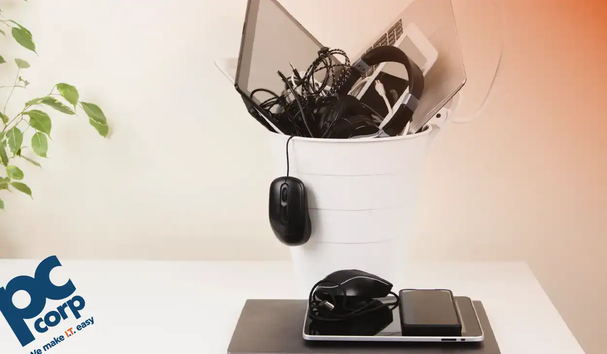 An image that represents the title of this blog: for Your IT Infrastructure? There is an image of a desk, with a white garbage bin on top, overflowing with old computer mouses, keyboards, laptops and other devices. A plant is in one corner, the PC Corp logo in another.