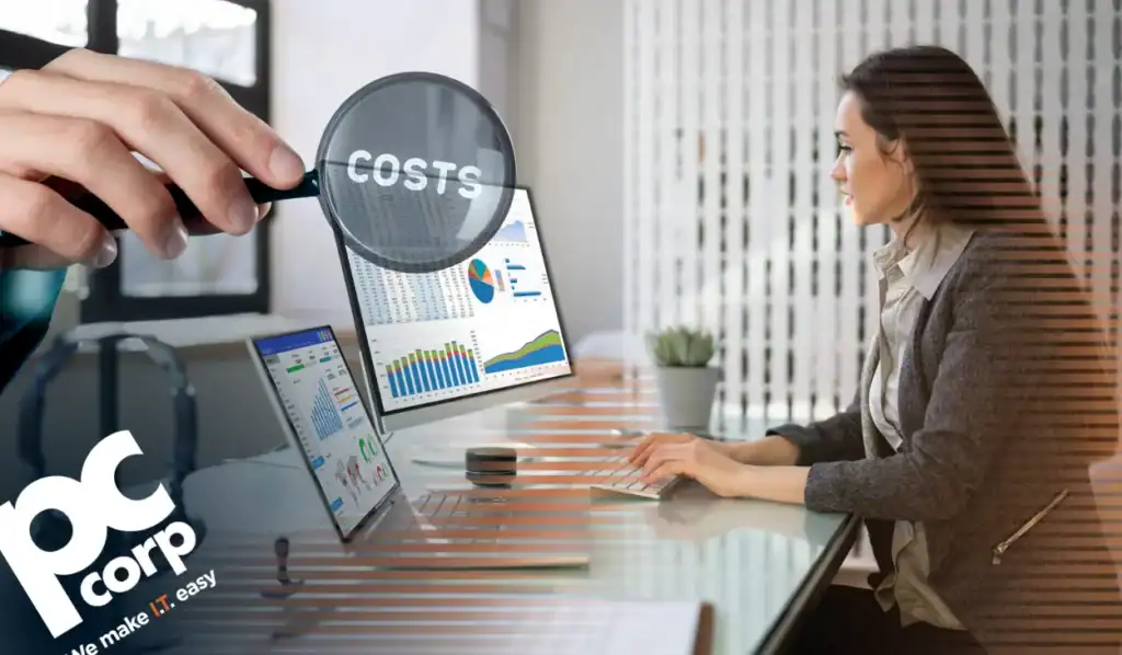 An image representing the blog title:ership in Enterprise IT: What the Quote Doesn’t Show You. A woman sits at a computer, looking at multiple graphs and charts on the screen. In the corner, a hand holding a magnifying glass highlights the word "costs."