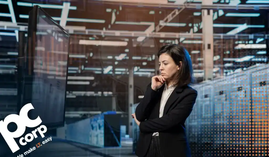 An image meant to represent the blog title: What Does an Enterprise Server Actually Cost? A woman is standing looking pensive in a server room.