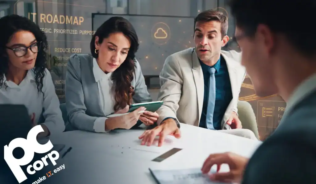 An image that represents the blog title: From Wish to Want to Need: How to Prioritize Your IT Roadmap. A group of people are sitting around a conference table, dressed in business attire. In the background, you see the words IT roadmap.