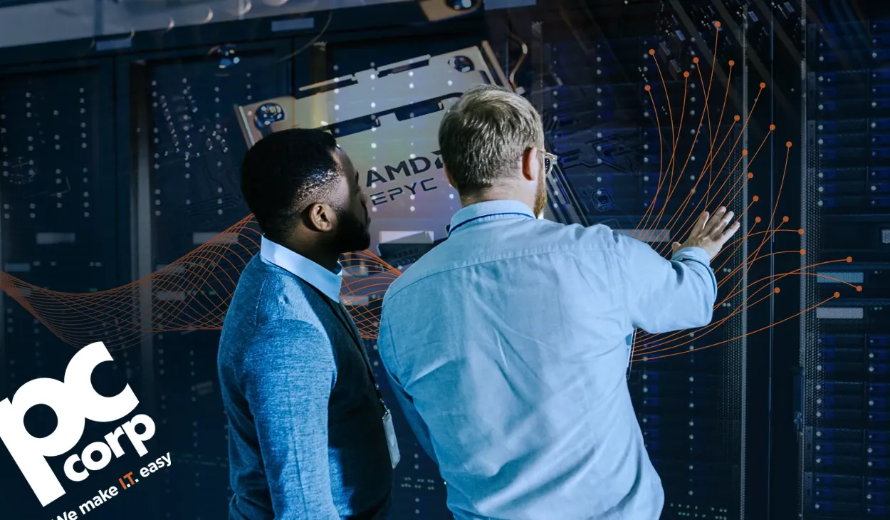 Two IT professionals planning a server refresh in a data centre, with an AMD EPYC processor graphic over the server racks.